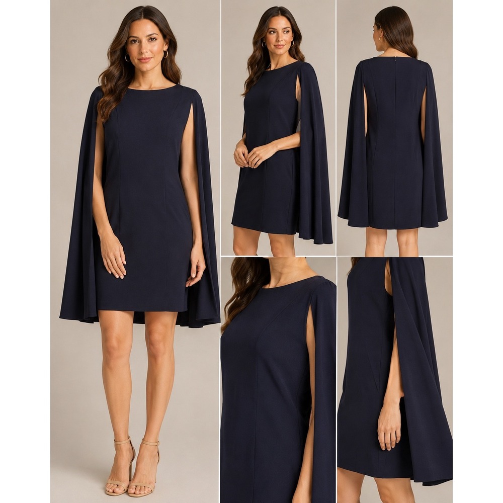 Maggy London Navy Blue Cape Sheath Cocktail Dress Boat Neck Mini NEW - Picture 2 of 10